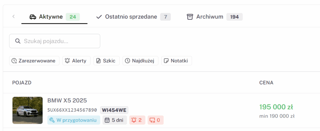 Lista samochodów i statusów w programie dla komisu DealerApp