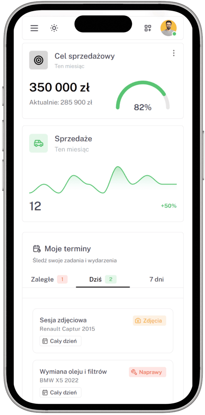 Panel DealerApp na telefonie
