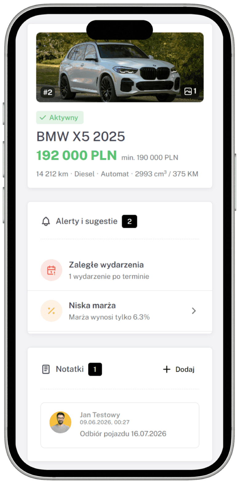 Panel DealerApp na telefonie